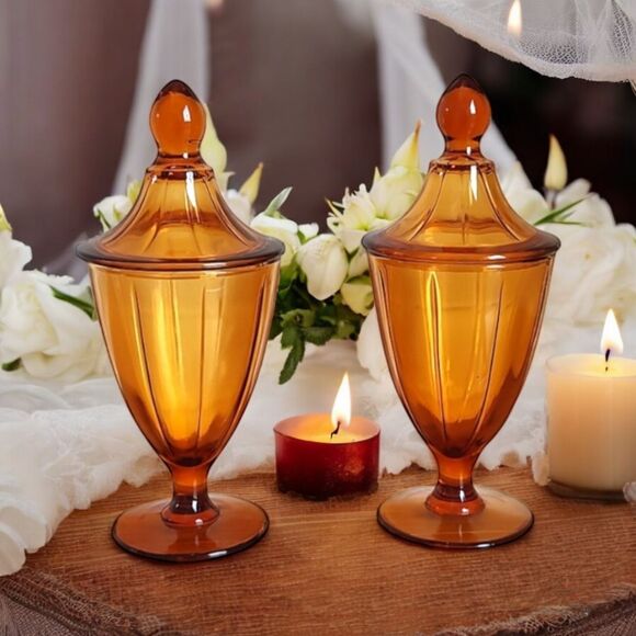 Vintage Mid Century Cambridge Amber Glass Compote Candy Dishes Pair - 8.5" Tall - Picture 3 of 14